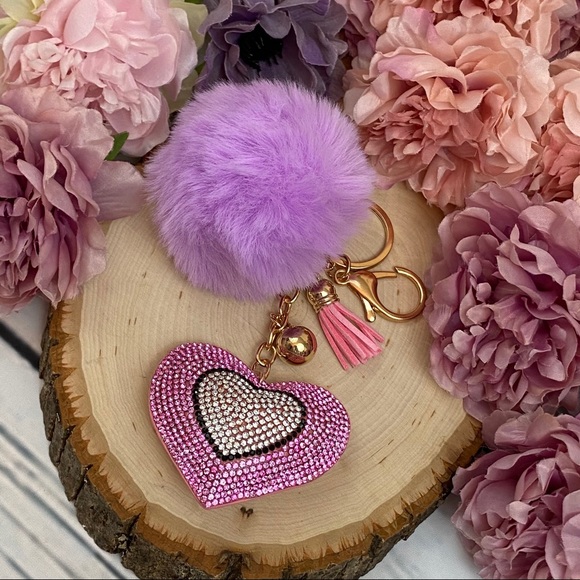Heart with Pink Rhinestones & Pom Pom on Keychain - Picture 9 of 13